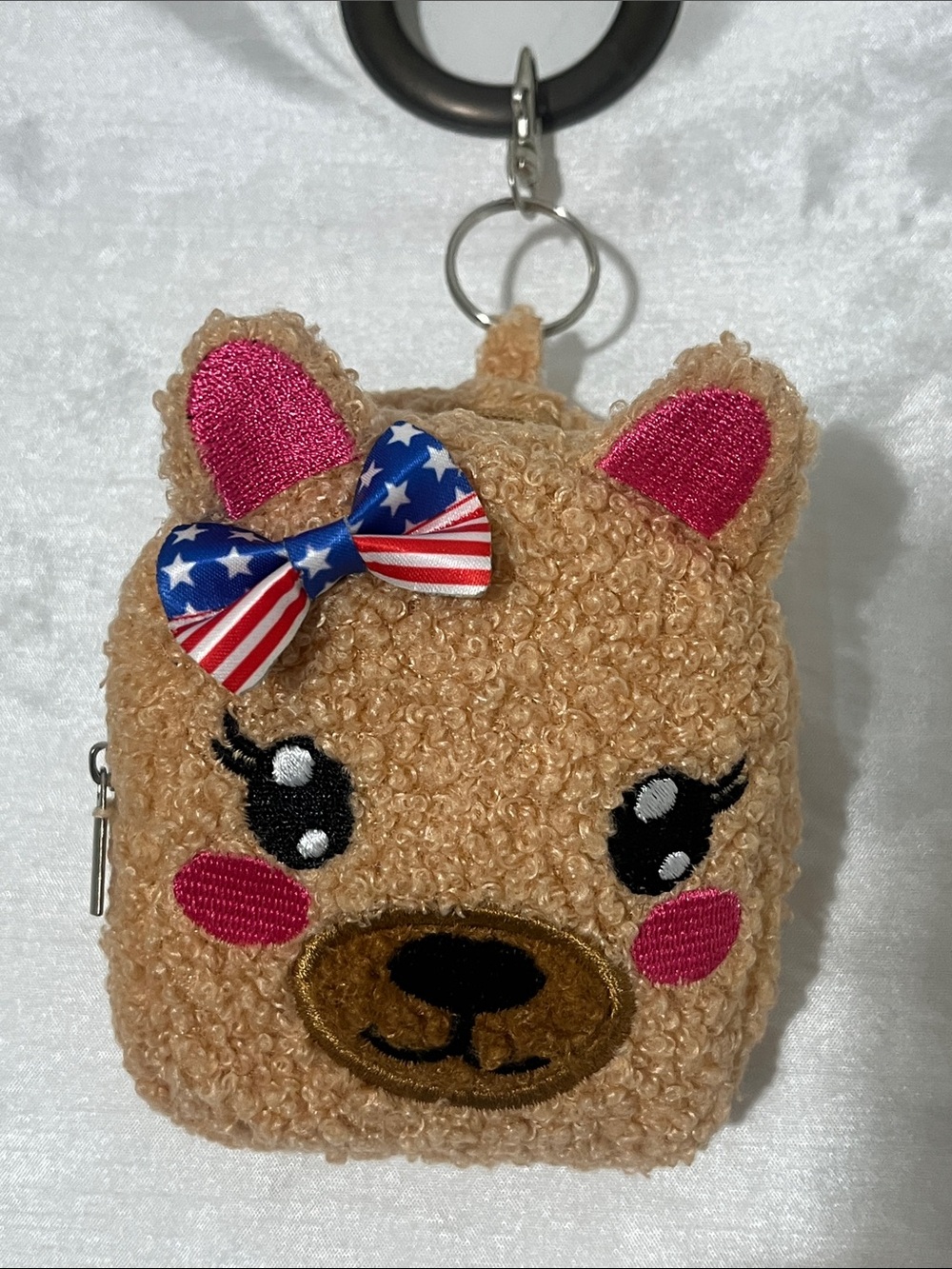 Hand Crafted Plush Bear Keychain Coin Purse - Tan with Pink Accents Bag Charm - Picture 12 of 12